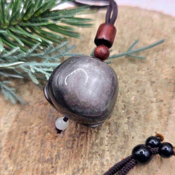 Nature Silver Obsidian Cat Eye Flash Daruma Doll Pendant Necklace - Picture 7 of 10